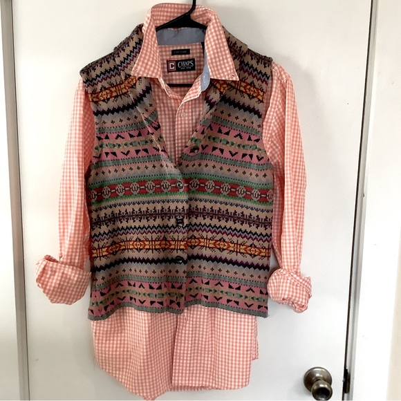 Chaps Ralph Lauren Gingham Long Sleeve Button Down + Shall Collar Sweater Vest - Picture 1 of 10